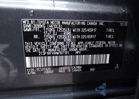 2021 Toyota Rav4 Xle z USA, uszkodzony, nr VIN 2T3P1RFV4MW167191